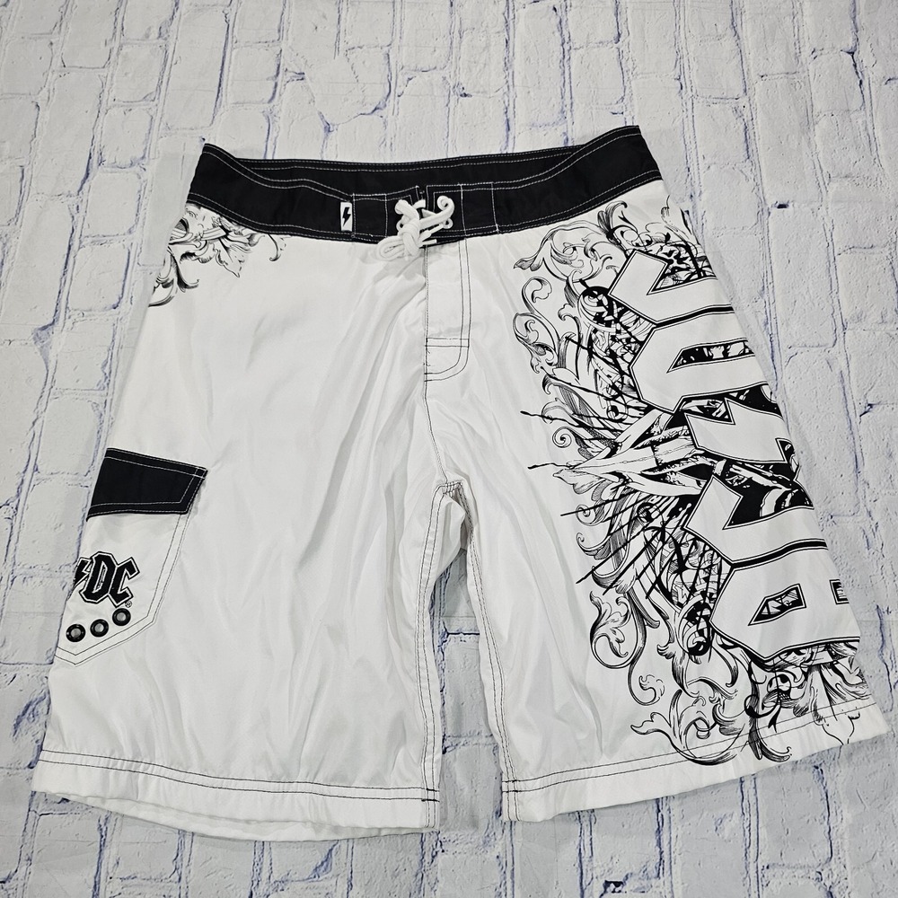 AC/DC MENS SIZE 34 Board Swim Trunks Shorts White Grunge Surfer Cyber Goth Y2K